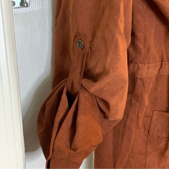 She + Sky Open Tie Front Trench Jacket Lightweight Size Medium Hooded Rust Color - Picture 6 of 11